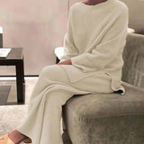 Knitted Sweater Suit Women Elegant Solid O-Neck Pullovers+Wide Leg Pants Suit Lady Autumn Winter Soft 2 Piece Set Homewear