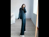 Knitted Sweater Suit Women Elegant Solid O-Neck Pullovers+Wide Leg Pants Suit Lady Autumn Winter Soft 2 Piece Set Homewear