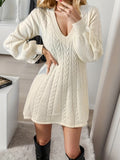 Romildi Solid Cable Knit Sweater Dress, Elegant V Neck Long Sleeve Dress, Women's Clothing