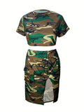 Romildi Romildi Plus Size Casual Outfits Set, Women's Plus Camo Short Sleeve Round Neck Skinny Crop Top & Elastic High Split Skirt With Flap Pockets Outfits Two Piece Set