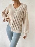 Romildi Women's Sweater Casual V Neck Cable Long Sleeve Loose Fall Winter Sweater