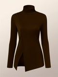 Romildi Solid Split Hem Mock Neck Top, Elegant Long Sleeve T-Shirt For Spring & Fall, Women's Clothing