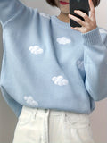 Romildi Preppy Cloud Pattern Sweater, Long Sleeve Casual Cute Sweater For Winter & Fall, Women's Clothing