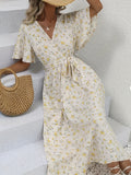 Romildi Flutter Sleeve V Neck Belted Dress, Floral Print Short Sleeve Vacation Casual Dress For Summer & Spring, Women's Clothing