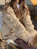 Romildi Solid Buckle Cable Knit Sweater, Casual Long Sleeve Loose Pullover Sweater, Women's Clothing