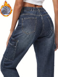 Romildi Plush Lined Washed Straight Jeans, Flap Pockets Loose Fit Elastic Waist Cargo Pants, Women's Denim Jeans & Clothing