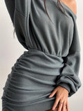 Romildi Ruched Bodycon Dress, Sexy Long Sleeve Bag Hip Mini Dress, Women's Clothing
