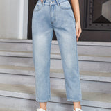 Romildi Light Blue Versatile Straight Jeans, Loose Fit Slash Pockets High Waist Denim Pants, Women's Denim Jeans & Clothing
