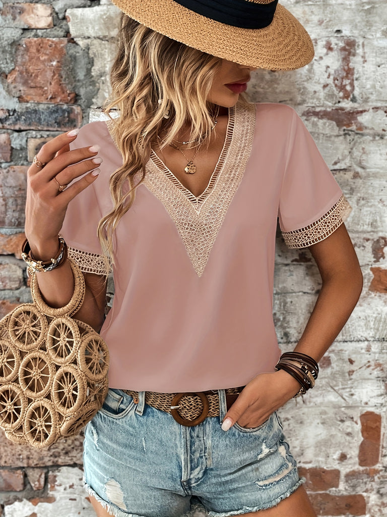 Romildi Romildi Lace Stitching Deep V-neck Blouses, Casual Loose Short Sleeve Fashion Shirts Tops, Women's Clothing