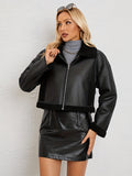 Romildi Solid Faux Fur Decor Jacket, Versatile Zipper Drop Shoulder Jacket, Women's Clothing