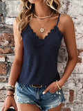 Romildi Romildi Eyelet Embroidered Contrast Lace Cami Top, Casual V-neck Spaghetti Strap Top For Summer, Women's Clothing