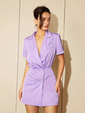 Elegant Solid Two-piece Set, Lapel V-neck Short Sleeve Blazer & Double Breasted High Waist Slim Skirt, Women's Clothing