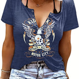 Romildi Letter & Skull Print T-Shirt, V Neck Short Sleeve T-Shirt, Casual Every Day Tops, Women's Clothing