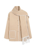 Romildi Contrast Trim Patched Pockets Overcoat, Elegant Long Sleeve Fringe Scarf Outwear For Fall & Winter, Women's Clothing