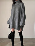 Romildi Solid Turtle Neck Oversized Sweater, Casual Long Sleeve Split Sweater, Women's Clothing