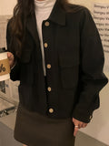 RomildiButton Front Solid Jacket, Casual Long Sleeve Vintage Outerwear, Women's Clothing
