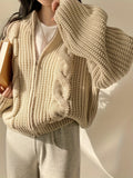 Romildi Solid Zip Up Chunky Knit Cardigan, Vintage Long Sleeve Loose Sweater, Women's Clothing