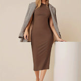 Romildi Bodycon Short Sleeve Dress, Casual Solid Color Crew Neck Dress For Spring & Summer, Women's Clothing