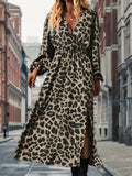 Romildi Leopard Print V Neck Dress, Boho Lantern Sleeve Split Dress, Women's Clothing