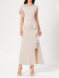 Romildi Ruffle Trim Split Asymmetrical Dress, Elegant Solid Bodycon Party Dress, Women's Clothing