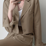 Romildi Solid Button Front Crop Blazer, Elegant Lapel Long Sleeve Blazer For Office & Work, Women's Clothing