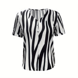 Romildi Zebra Print V Neck Blouse, Casual Short Sleeve Button Blouse For Spring & Summer, Women's Clothing