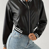 Romildi Faux Leather Crop Jacket, Y2K Zip Front Long Sleeve Jacket For Fall & Winter, Women's Clothing