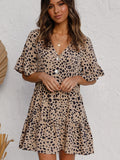 Romildi Leopard Print Button Tiered Dress, Ruffle Hem V Neck Short Sleeve Layered Dress, Casual Every Day Dress, Women's Clothing