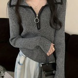 Romildi Zip Turndown Collar Pullover Sweater, Casual Long Sleeve Slim Sweater, Women's Clothing