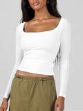 Romildi Solid Scoop Neck T-Shirt, Casual Long Sleeve Top For Spring & Fall, Women's Clothing