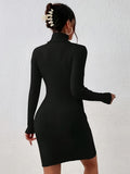 Romildi Split Turtleneck Bodycon Dress, Elegant Solid Long Sleeve Dress, Women's Clothing
