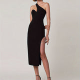 Romildi One-shoulder Sleeveless Dress, Stylish Solid Color Split Hem Slim Dress, Women's Clothing