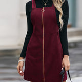 Romildi Zipper Solid Overall Dress, Casual Pocket Front Mini Dress, Women's Clothing