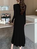 Romildi Solid Color Long Sleeve Knit Dress, Chic Long Sleeve Crew Neck A-line Dress, Women's Clothing