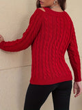 Romildi Solid Cut Out Cable Knit Sweater, Casual V Neck Long Sleeve Sweater, Women's Clothing