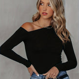 Romildi Solid Cold Shoulder T-Shirt, Casual Long Sleeve Top For Spring & Fall, Women's Clothing