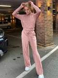 Romildi Solid Casual Two-piece Set, Crew Neck Long Sleeve Tops & Drawstring Wide Leg Pants Outfits, Women's Clothing
