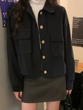 RomildiButton Front Solid Jacket, Casual Long Sleeve Vintage Outerwear, Women's Clothing