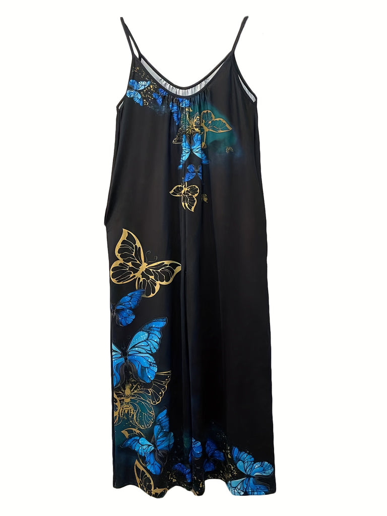 Romildi Butterfly Print Wide Leg Jumpsuit, Casual V-Neck Sleeveless Jumpsuit For Spring & Summer, Women's Clothing