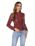 Romildi Solid Faux Leather Zipper Jackets, Casual Long Sleeve Slant Pockets Moto Jacket For Fall & Winter, Women's Clothing