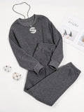 Romildi 2pcs Long Sleeve Casual Sports Sets, Fleece Liner Crew Neck Pullover Sweatshirt & Casual Loose Sweatpants, Women's Activewear