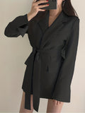 Romildi Solid Tie-waist Lapel Blazer, Elegant Long Sleeve Outerwear For Work & Office, Women's Clothing