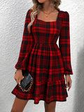 Romildi Plaid Pattern Square Neck Dress, Vintage Lantern Sleeve Dress For Spring & Fall, Women's Clothing