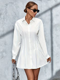 Romildi Tucked Solid Mini Dress, Casual Button Front Long Sleeve Dress, Women's Clothing