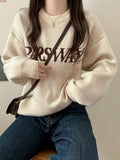 Romildi Letter Pattern Crew Neck Pullover Sweater, Casual Long Sleeve Drop Shoulder Sweater, Women's Clothing