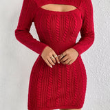 Romildi Cut Out Cable Knit Sweater Dress, Sexy Long Sleeve Bodycon Dress, Women's Clothing