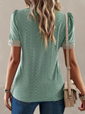 Romildi Textured Eyelet Lace Stitching V Neck T-Shirt, Casual Short Sleeve Top For Spring & Summer, Women's Clothing
