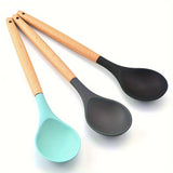 1pc Silicone Spoon with Wooden Handle - Durable, Non-Stick, Heat Resistant, for Cooking & Serving, Ideal for Soup, Salad Mixing, Kitchen Use