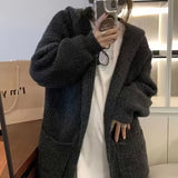 Romildi Solid Open Front Hooded Cardigan, Versatile Long Sleeve Patched Pockets Cardigan For Fall & Winter, Women's Clothing
