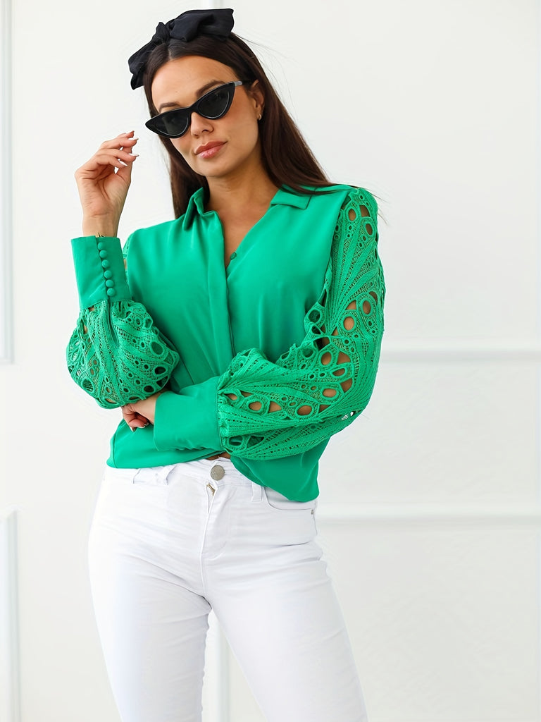 Romildi Women's V-Neck Casual Blouse Lace Long Sleeve Shirt Lantern Sleeve Top Work Button T-Shirt